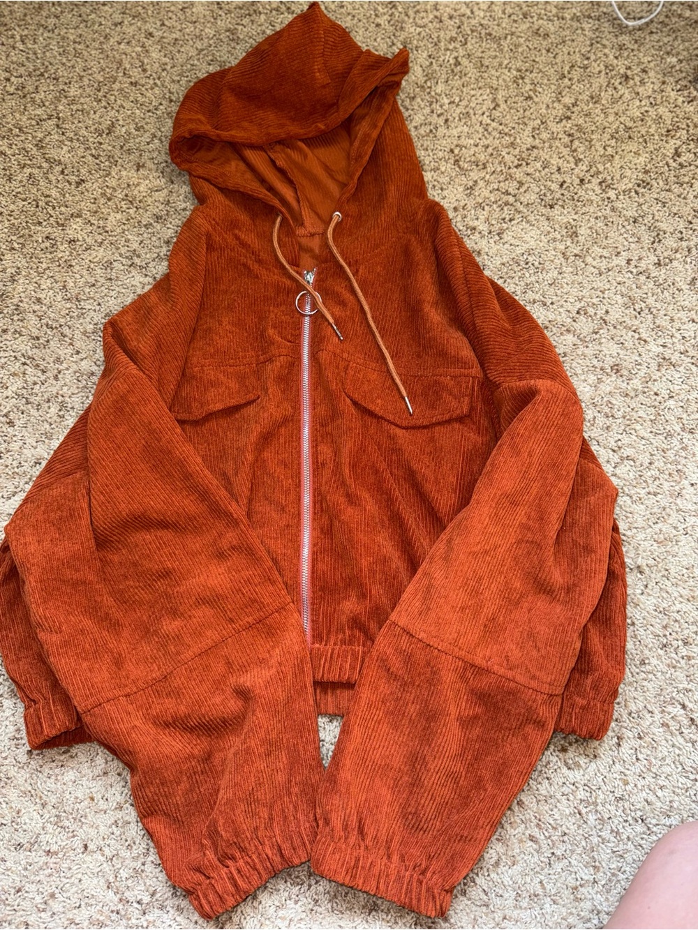 Oversized Burnt Orange Corduroy Hooded Zip Sweater